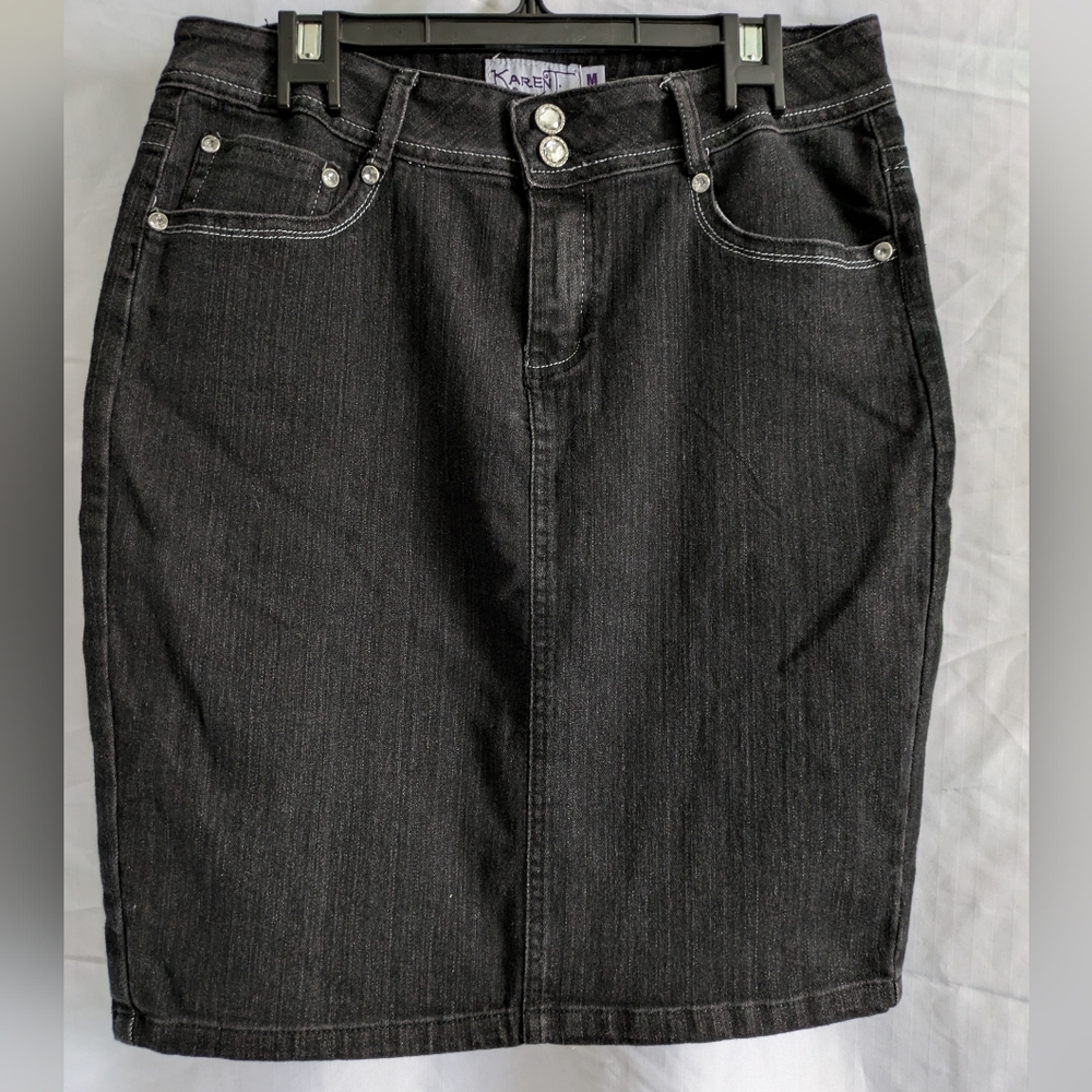 KarenT Rhinestone Embroidered Black Stretch Denim Skirt M Back Slit 5 Pocket